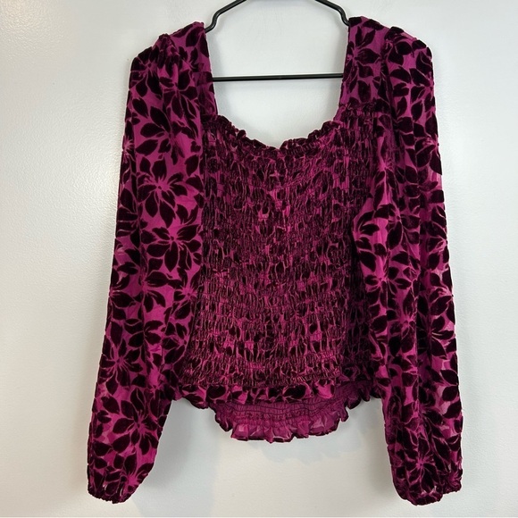 NWT Torrid Velvet Smocked Blouson Sleeve Cropped Ruched Wine/Plum Top Size 2X - Picture 14 of 15